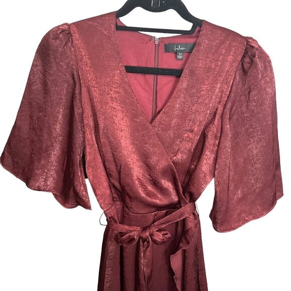 Lulus‎ Dress Wrapped in Love Burgundy Satin Faux Wrap Angel Sleeves & Belt XS - Picture 3 of 9